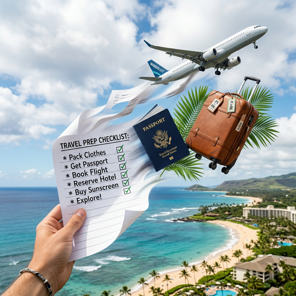 Hand holding a travel checklist with items checked off, a passport, suitcase, and airplane flying over a tropical beach.